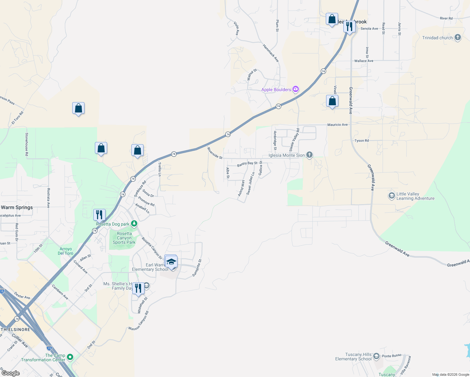 map of restaurants, bars, coffee shops, grocery stores, and more near 53014 Climber Court in Lake Elsinore