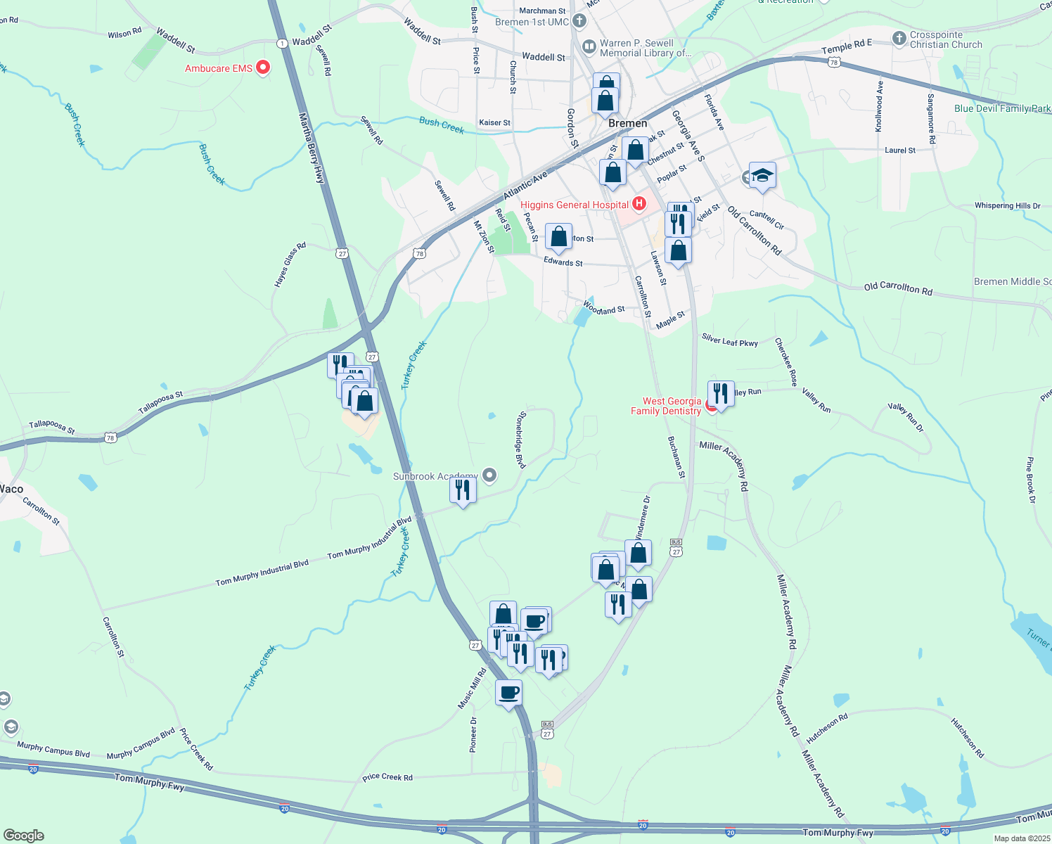 map of restaurants, bars, coffee shops, grocery stores, and more near 319 Stonebridge Boulevard in Bremen