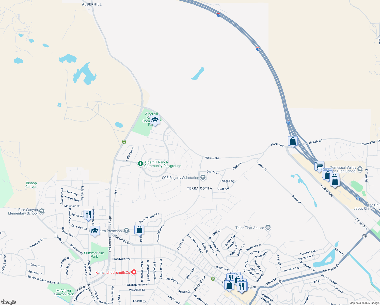 map of restaurants, bars, coffee shops, grocery stores, and more near 4248 Ladrillo Street in Lake Elsinore
