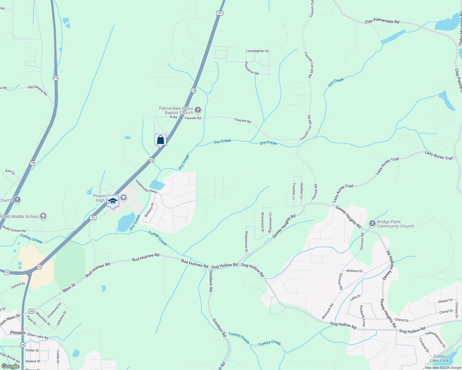 map of restaurants, bars, coffee shops, grocery stores, and more near 5100 Ridgewood Lane in Pinson