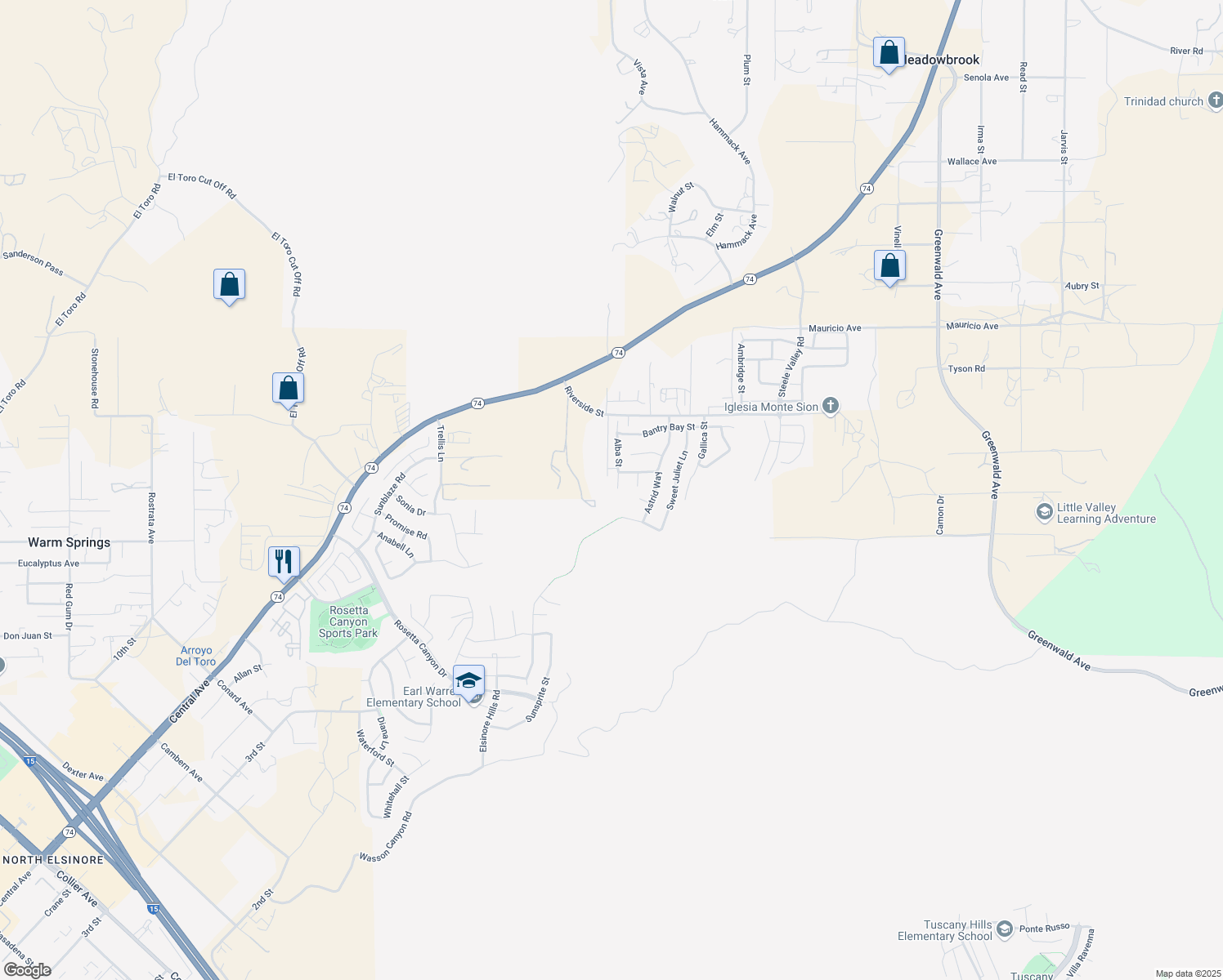 map of restaurants, bars, coffee shops, grocery stores, and more near 52981 Alba Street in Lake Elsinore