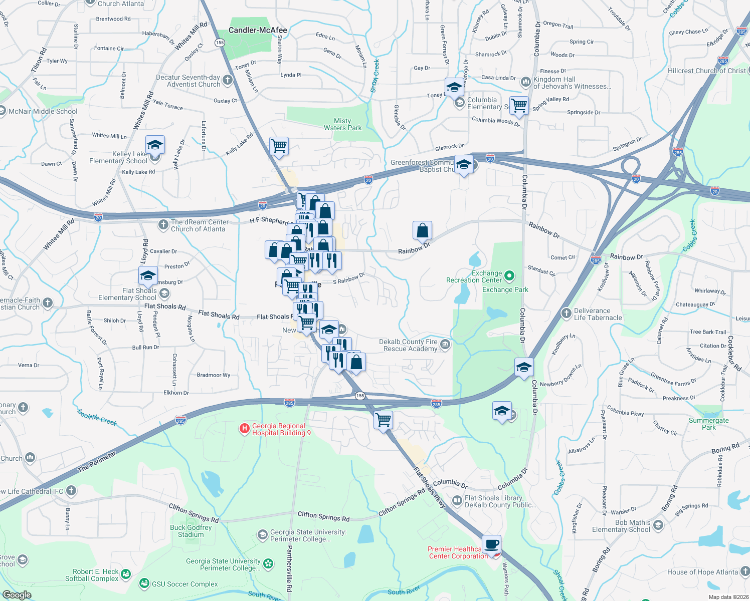 map of restaurants, bars, coffee shops, grocery stores, and more near 1572 Eastern Sunrise Ln in Decatur