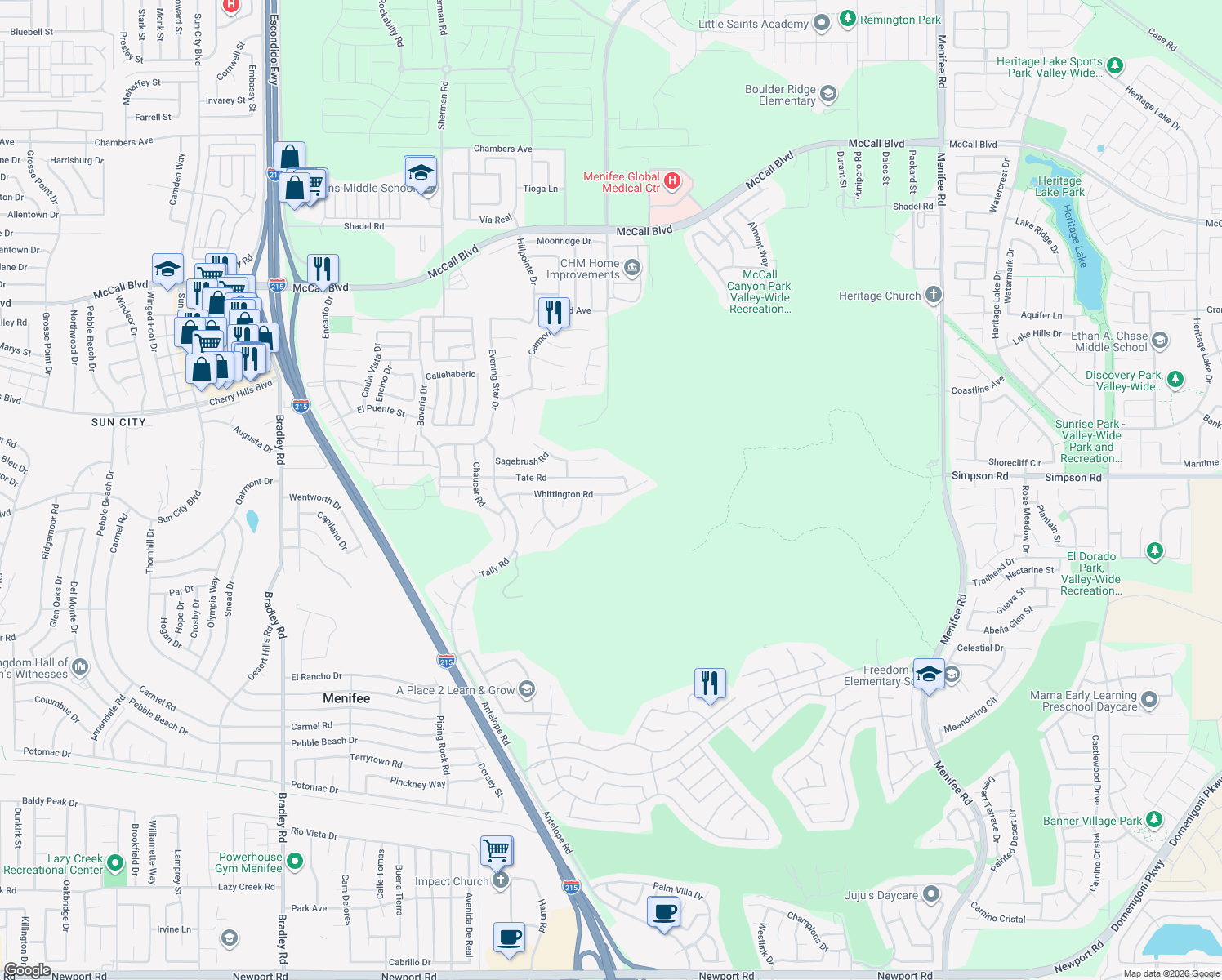 map of restaurants, bars, coffee shops, grocery stores, and more near 27972 Whittington Road in Menifee