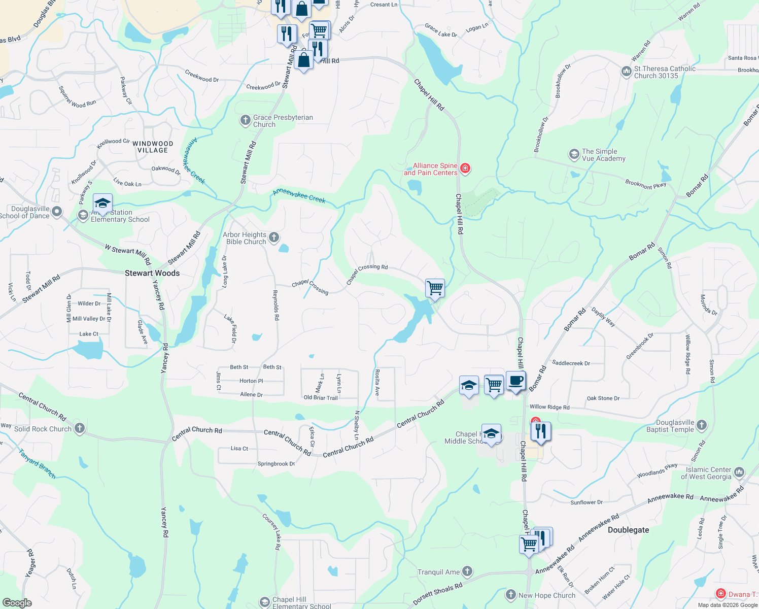 map of restaurants, bars, coffee shops, grocery stores, and more near 5016 Chapel Lake Circle in Douglasville