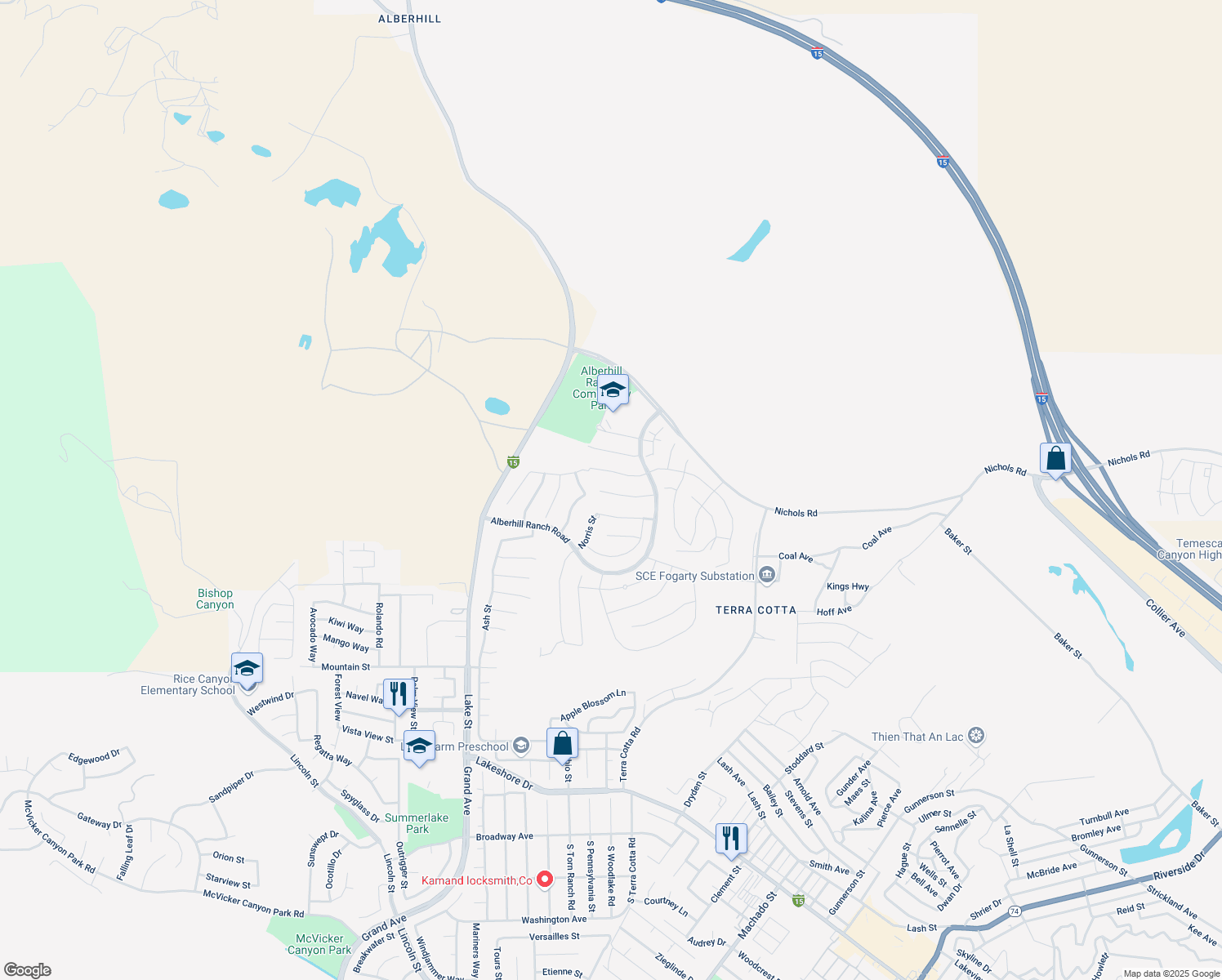 map of restaurants, bars, coffee shops, grocery stores, and more near 4164 Isabella Circle in Lake Elsinore