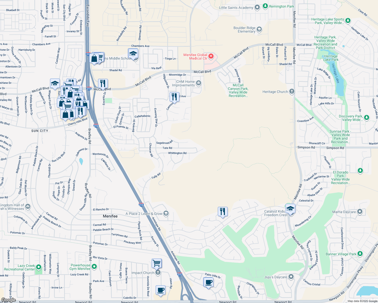 map of restaurants, bars, coffee shops, grocery stores, and more near 27948 Whittington Road in Menifee