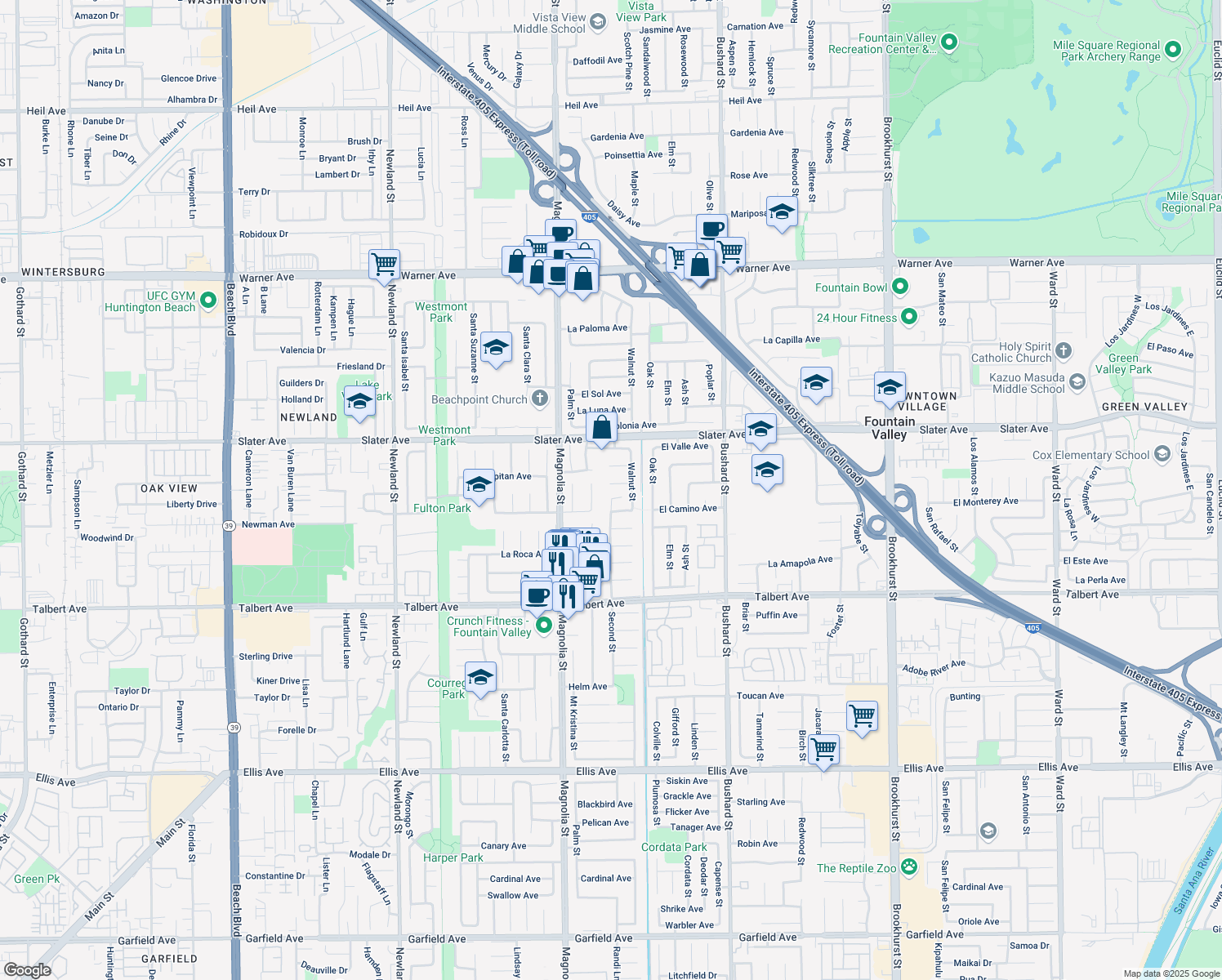 map of restaurants, bars, coffee shops, grocery stores, and more near 9156 El Azul Circle in Fountain Valley