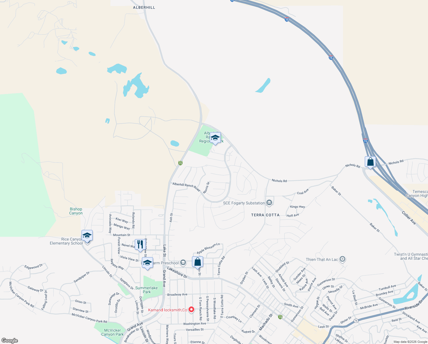map of restaurants, bars, coffee shops, grocery stores, and more near 4164 Isabella Circle in Lake Elsinore