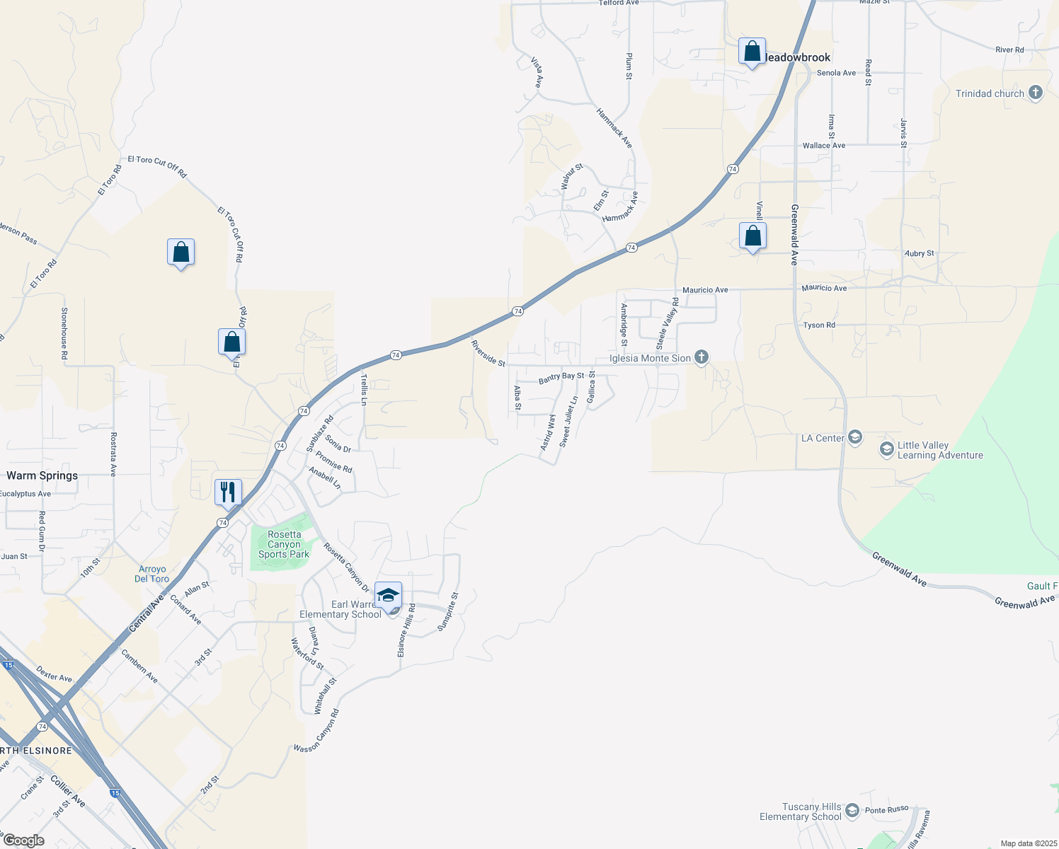 map of restaurants, bars, coffee shops, grocery stores, and more near 52997 Carrousel Court in Lake Elsinore