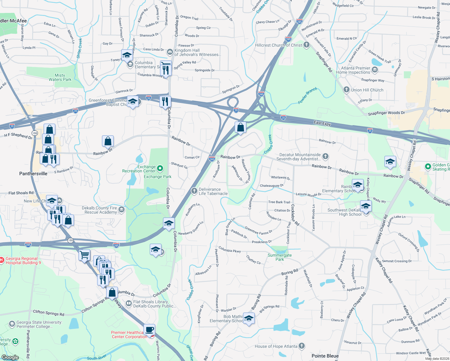 map of restaurants, bars, coffee shops, grocery stores, and more near 2739 Rainbow Ridge Road in Decatur