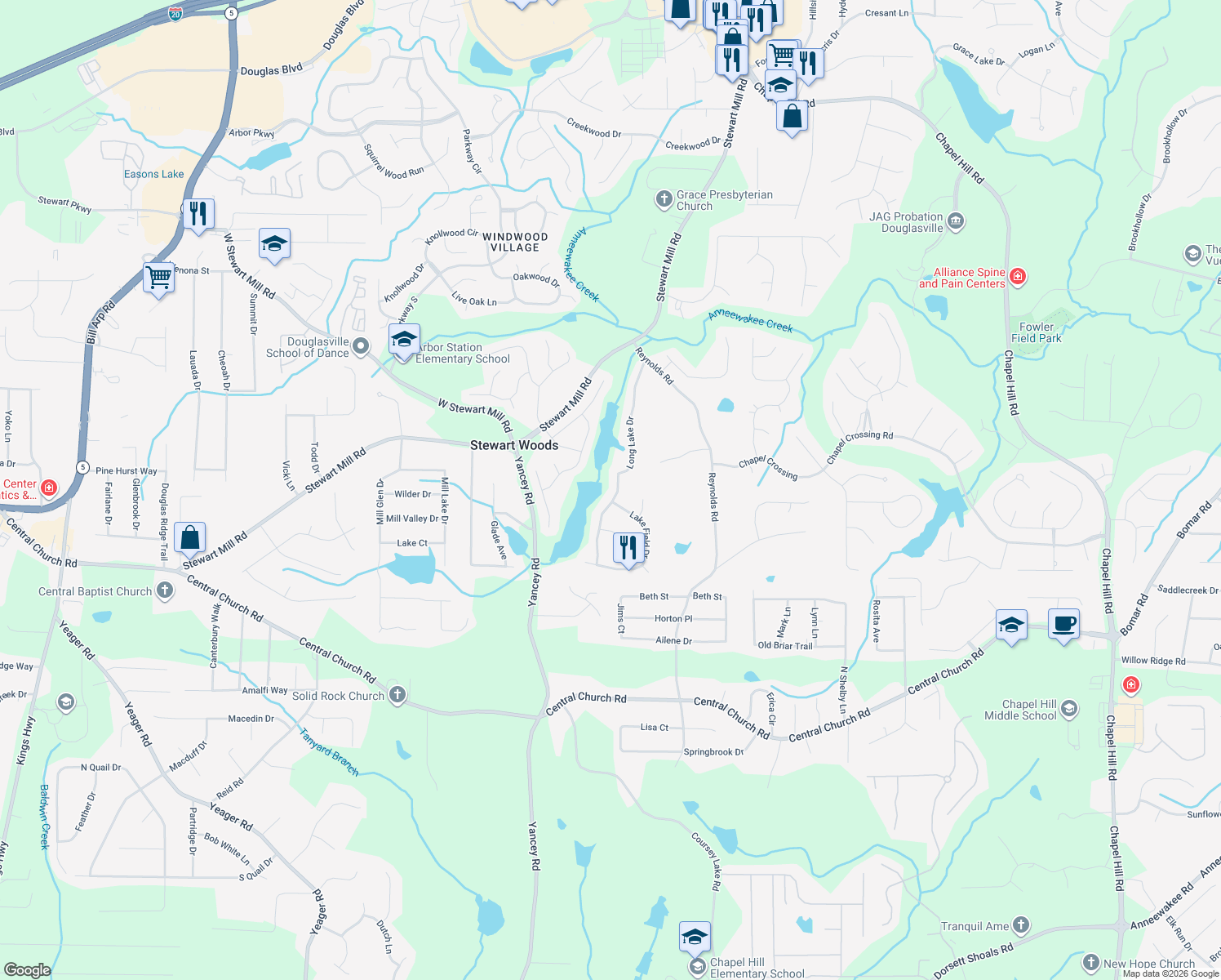 map of restaurants, bars, coffee shops, grocery stores, and more near 3645 Long Lake Dr in Douglasville