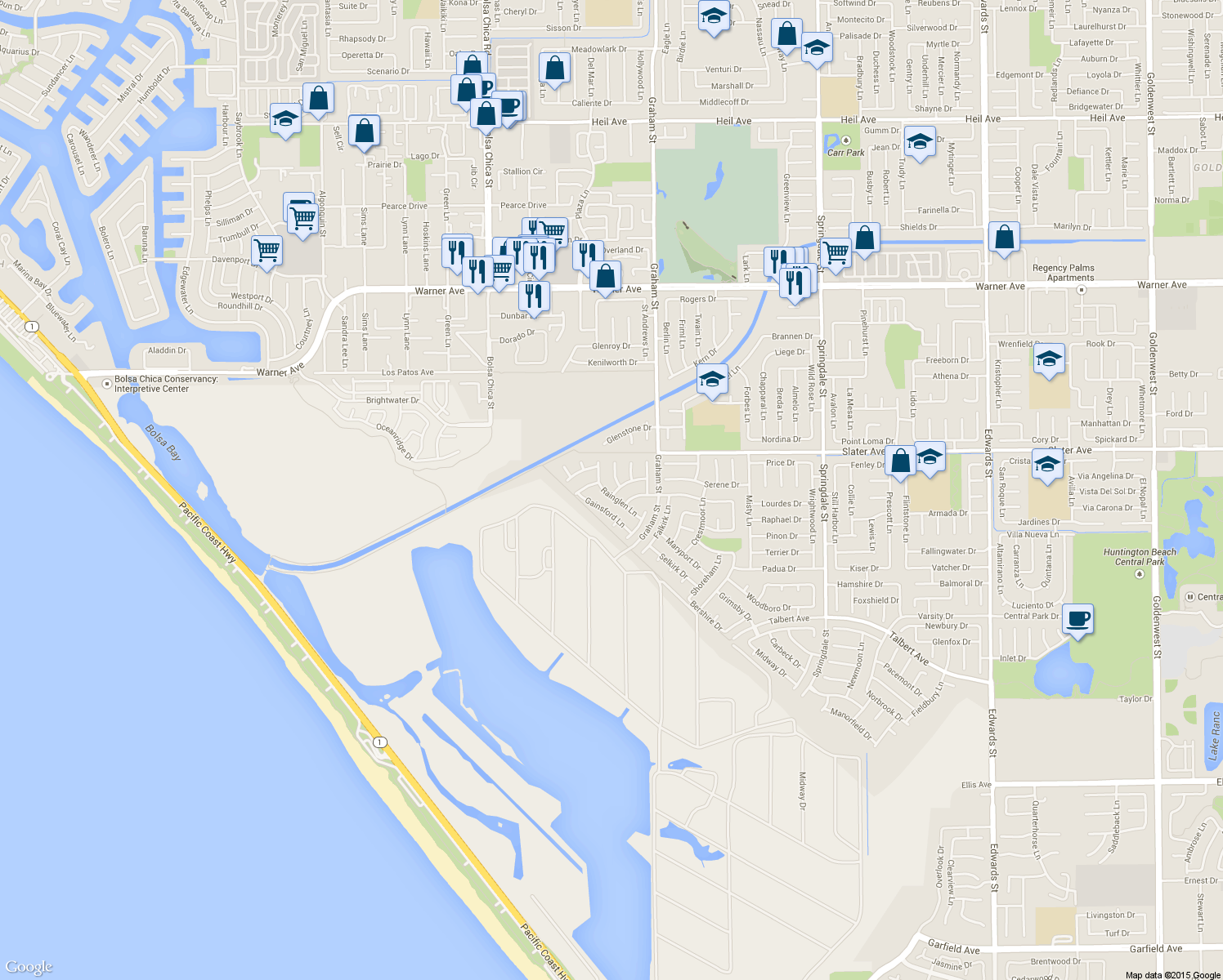 map of restaurants, bars, coffee shops, grocery stores, and more near 17612 Rainglen Lane in Huntington Beach