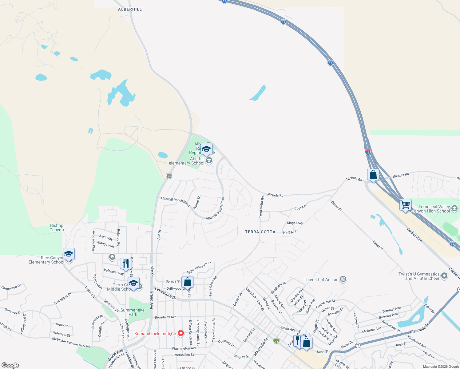 map of restaurants, bars, coffee shops, grocery stores, and more near 4186 Isabella Circle in Lake Elsinore