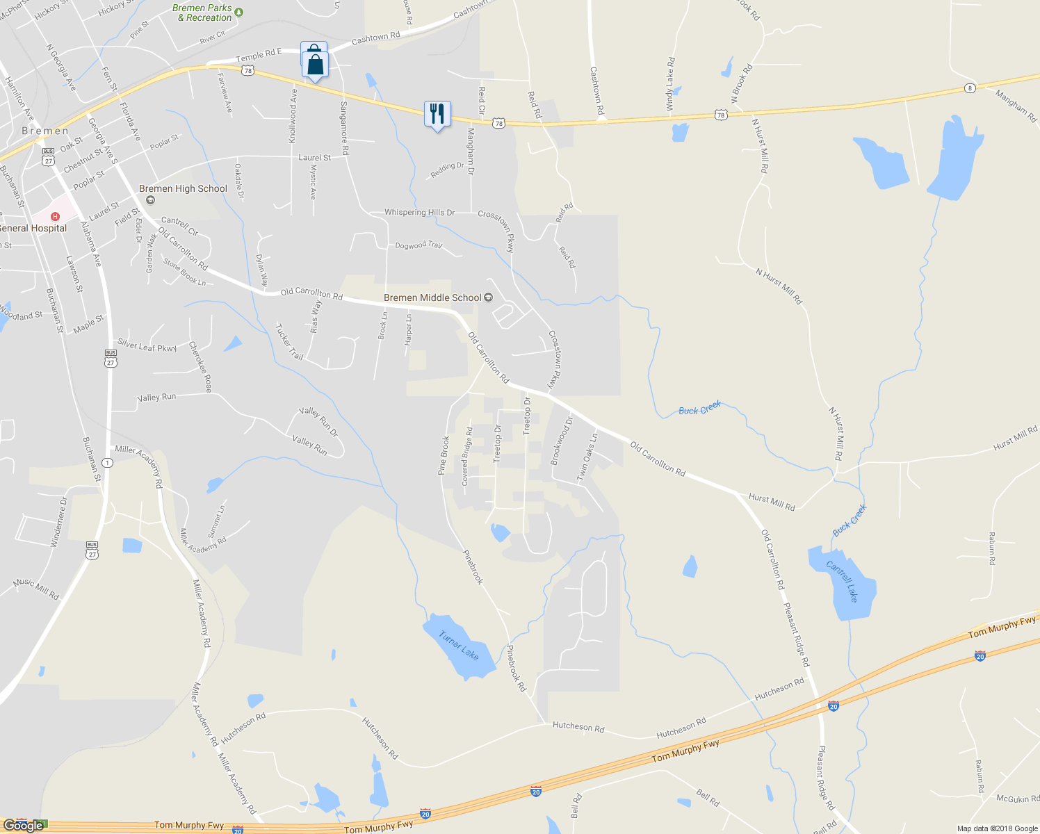 map of restaurants, bars, coffee shops, grocery stores, and more near 49 Treetop Drive in Bremen