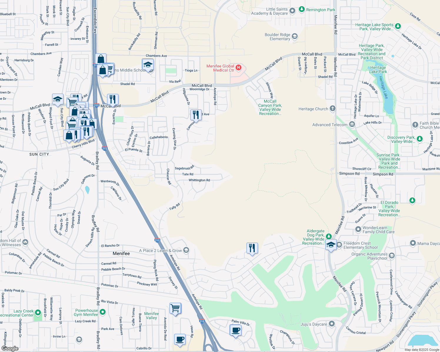 map of restaurants, bars, coffee shops, grocery stores, and more near 27999 Tate Road in Menifee