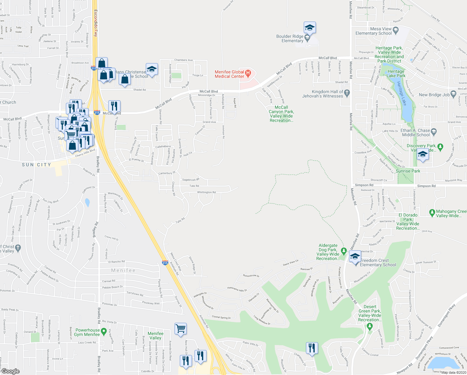 map of restaurants, bars, coffee shops, grocery stores, and more near 28044 Whittington Road in Menifee