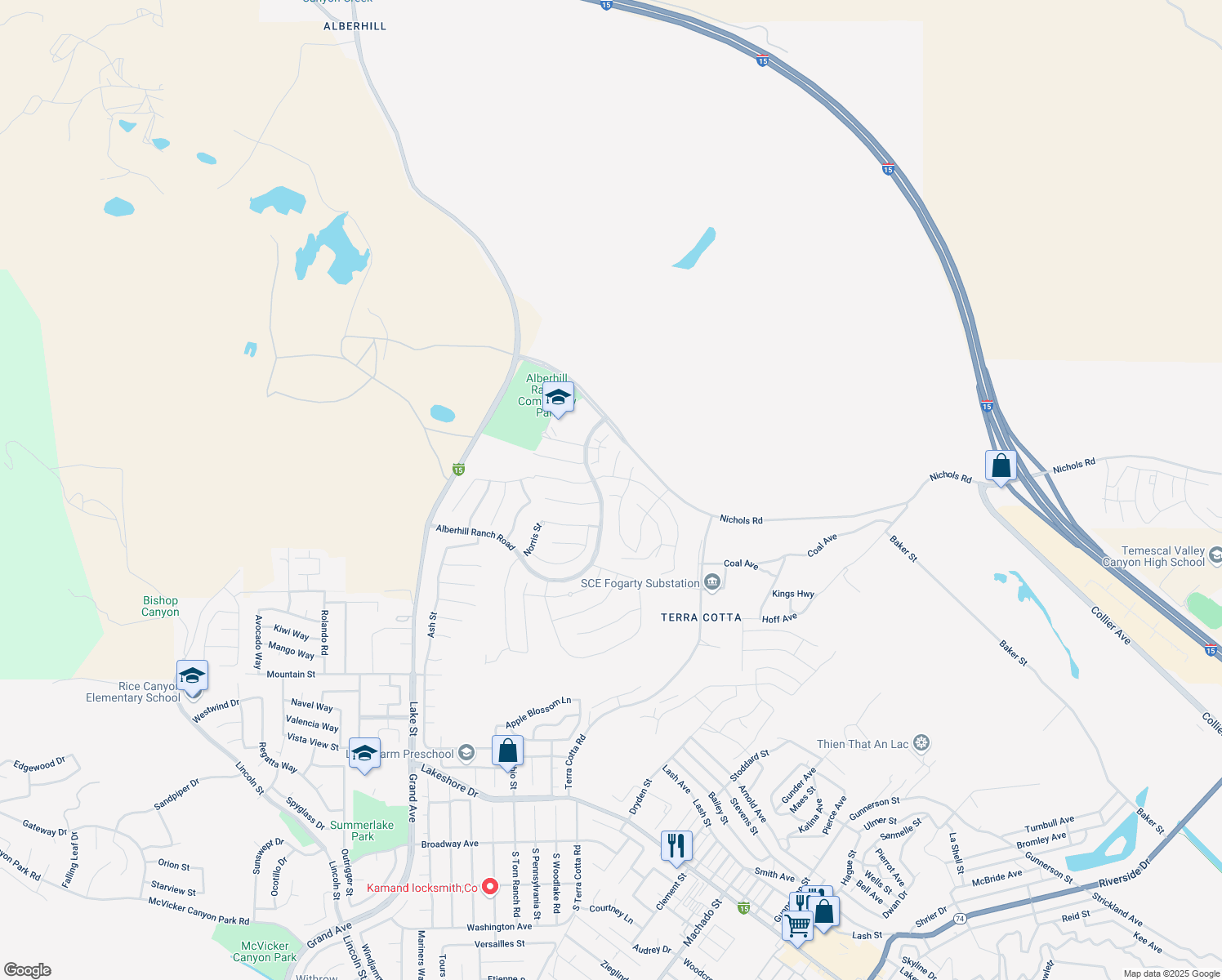 map of restaurants, bars, coffee shops, grocery stores, and more near 4164 Larchwood Lane in Lake Elsinore