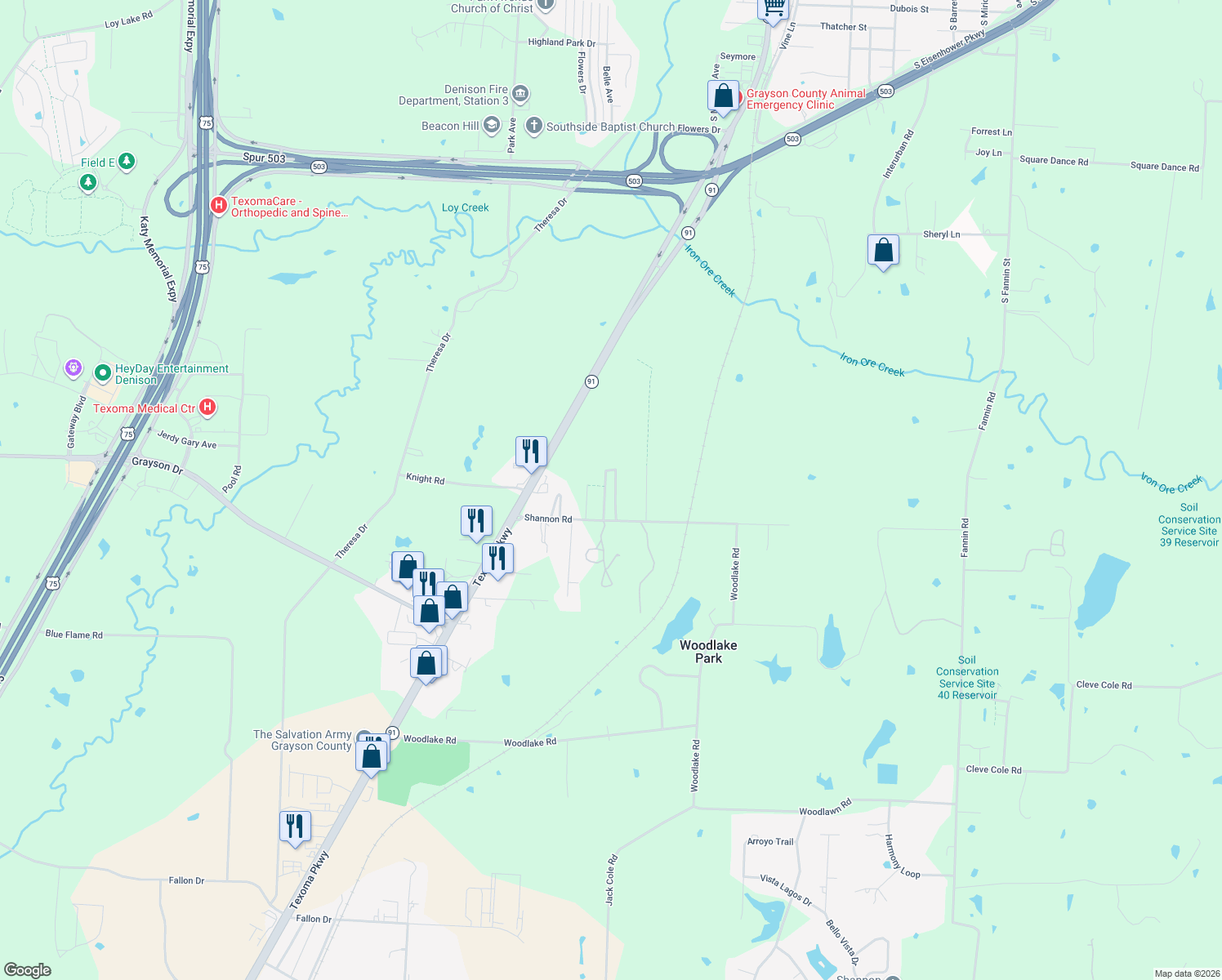 map of restaurants, bars, coffee shops, grocery stores, and more near 90 Valley View Cir in Denison