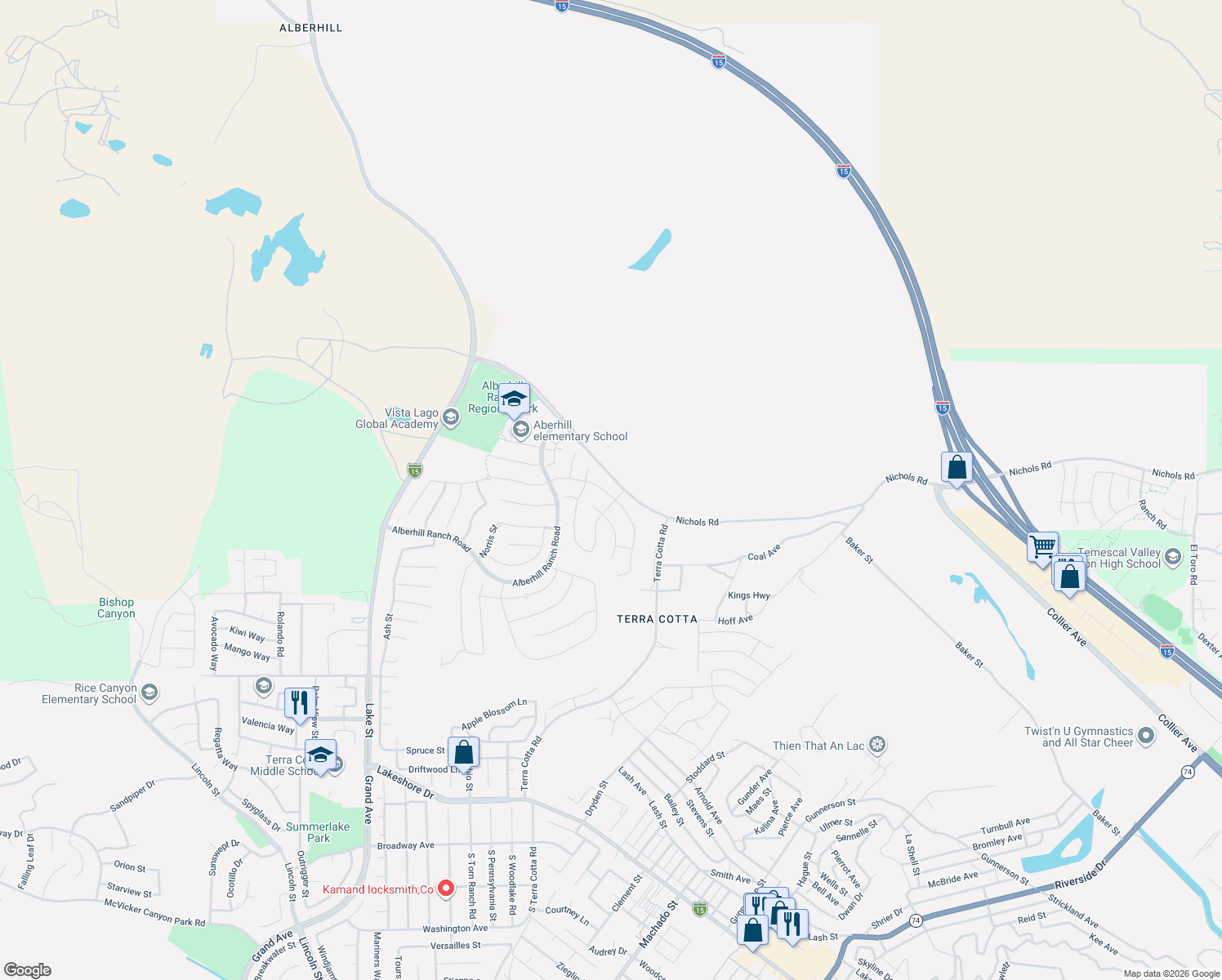 map of restaurants, bars, coffee shops, grocery stores, and more near 4236 Ladrillo Street in Lake Elsinore