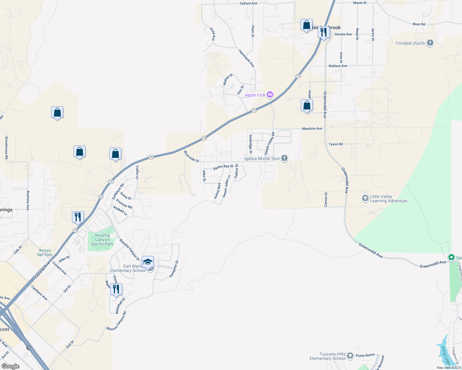map of restaurants, bars, coffee shops, grocery stores, and more near 53013 Gallica Street in Lake Elsinore