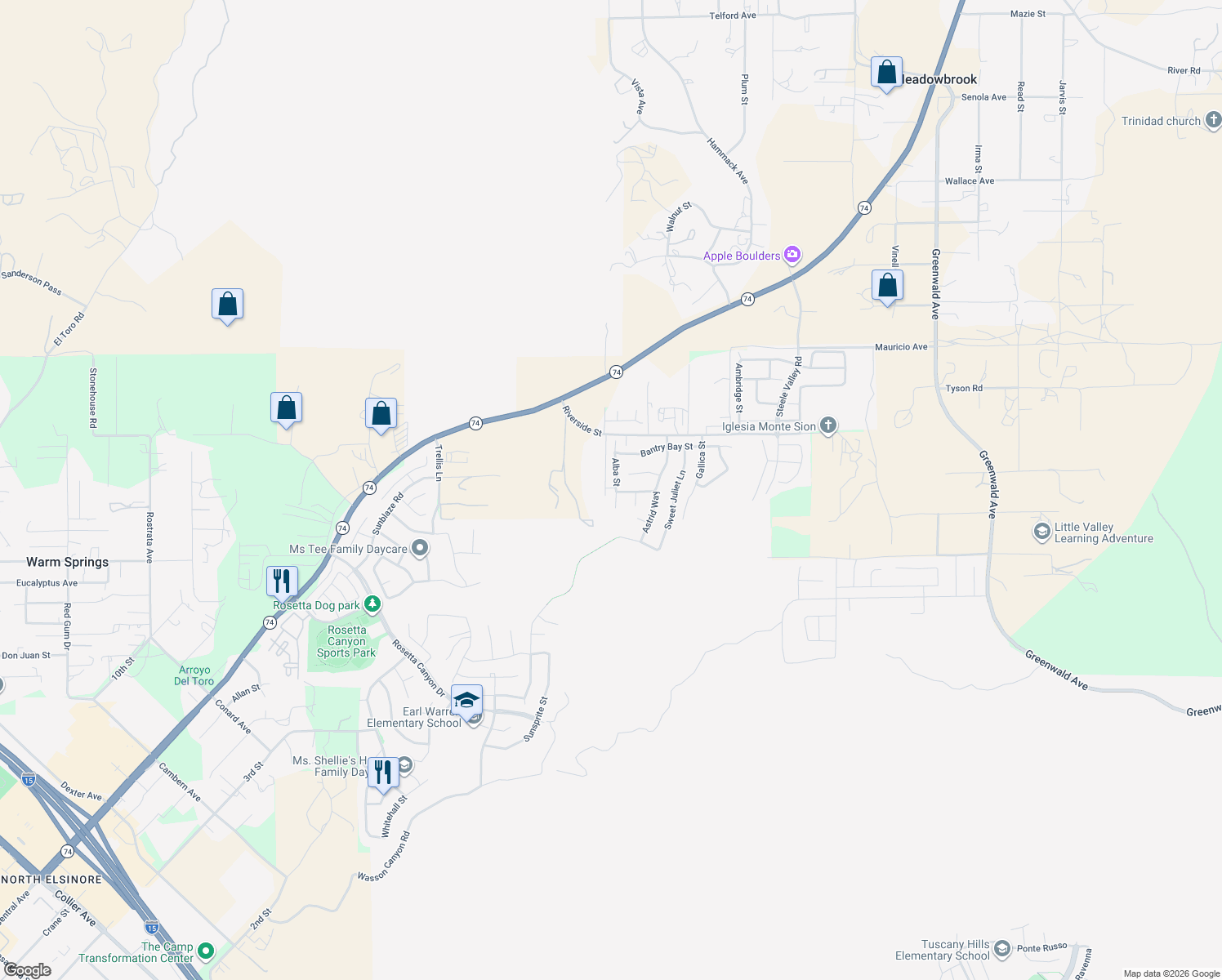 map of restaurants, bars, coffee shops, grocery stores, and more near 52993 Alba Street in Lake Elsinore