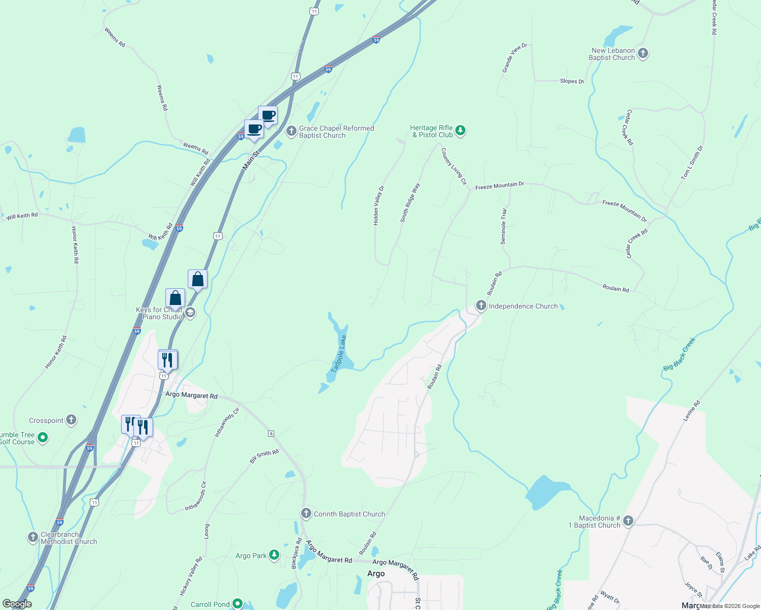 map of restaurants, bars, coffee shops, grocery stores, and more near 461 Smith Ridge Way in Odenville