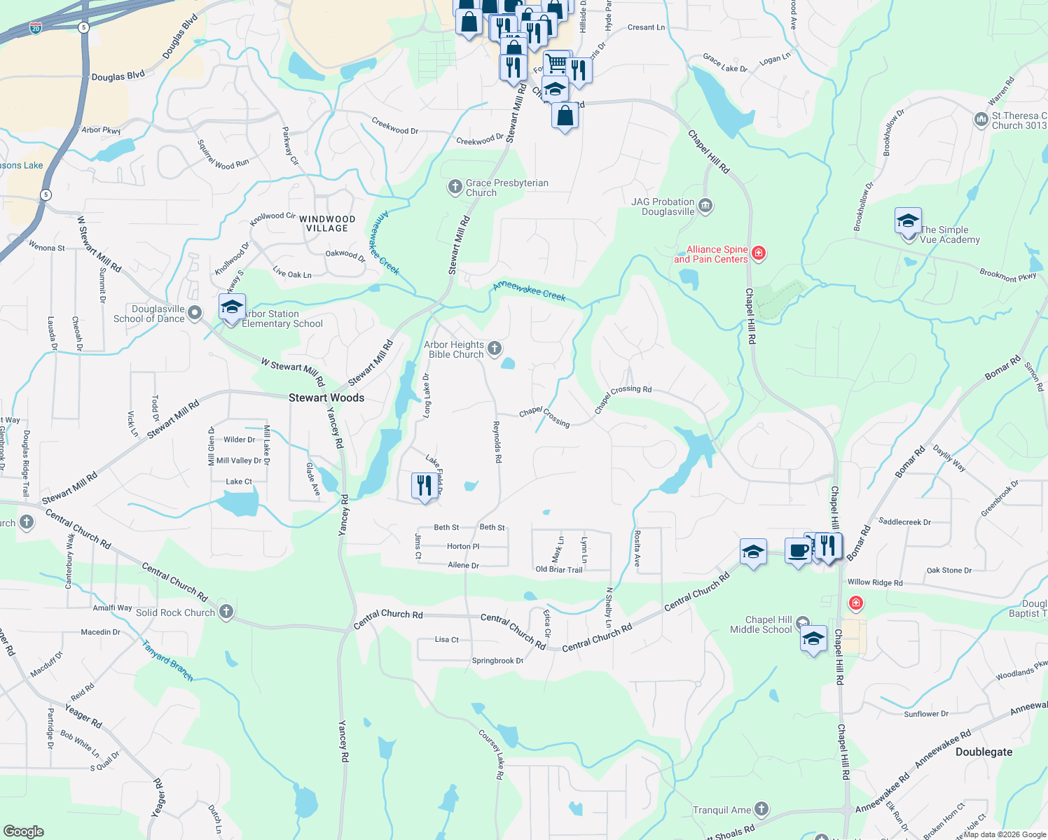 map of restaurants, bars, coffee shops, grocery stores, and more near 4906 Tree Tops Drive in Douglasville