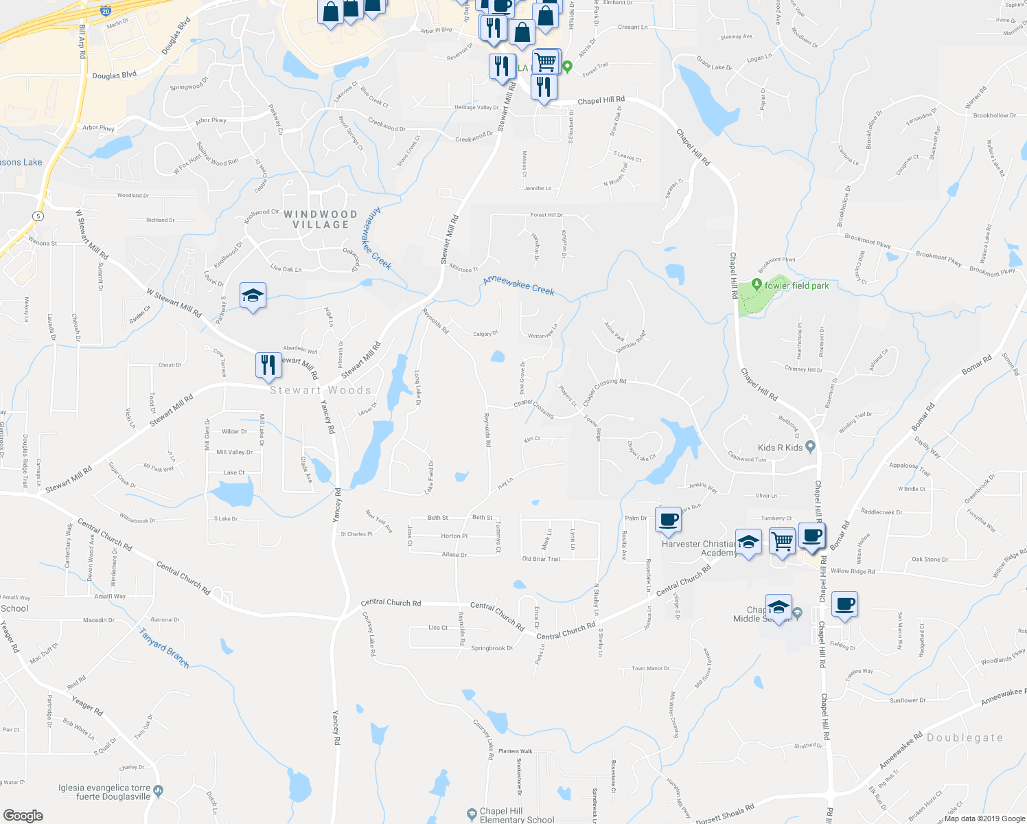 map of restaurants, bars, coffee shops, grocery stores, and more near 4881 Chapel Crossing in Douglasville