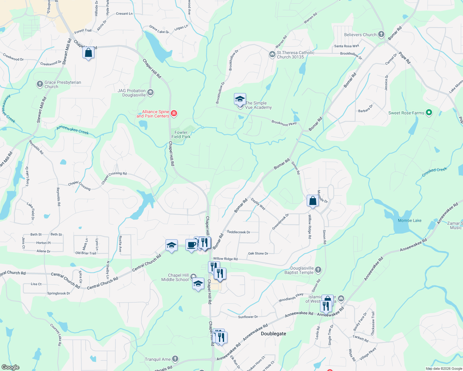 map of restaurants, bars, coffee shops, grocery stores, and more near 3645 Winding Trail Dr in Douglasville