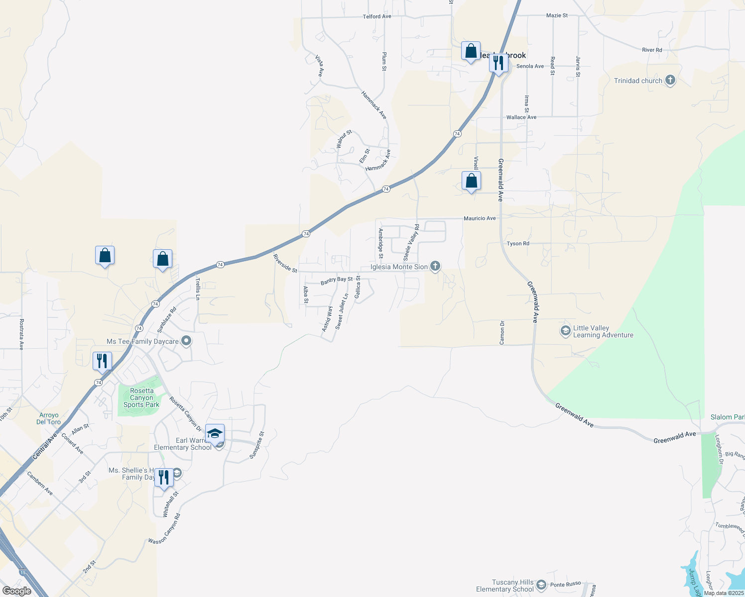 map of restaurants, bars, coffee shops, grocery stores, and more near 53051 Imperial Street in Lake Elsinore
