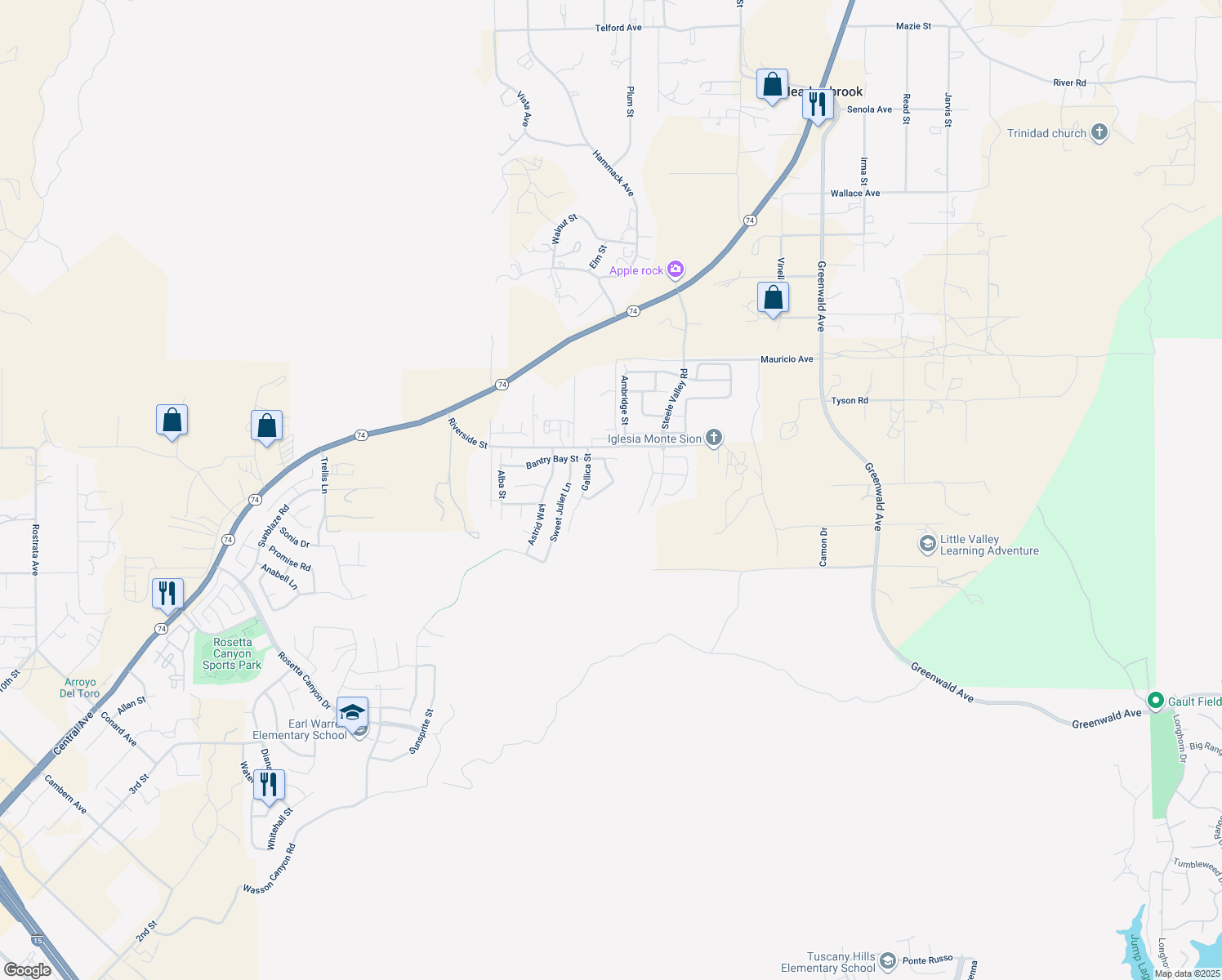 map of restaurants, bars, coffee shops, grocery stores, and more near 53051 Imperial Street in Lake Elsinore