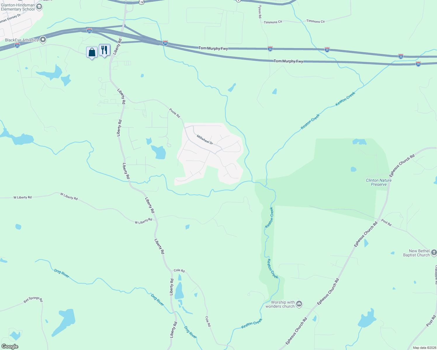 map of restaurants, bars, coffee shops, grocery stores, and more near 3395 Woodlake Lane in Villa Rica