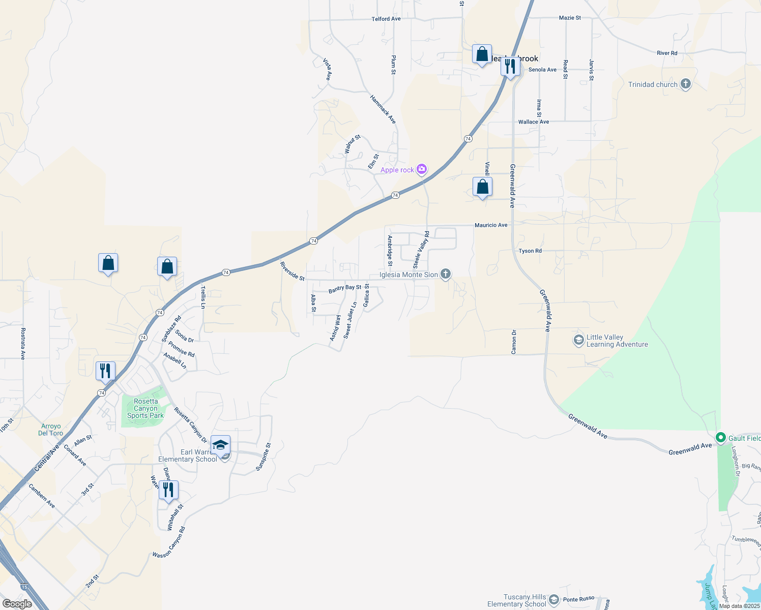 map of restaurants, bars, coffee shops, grocery stores, and more near 53051 Imperial Street in Lake Elsinore
