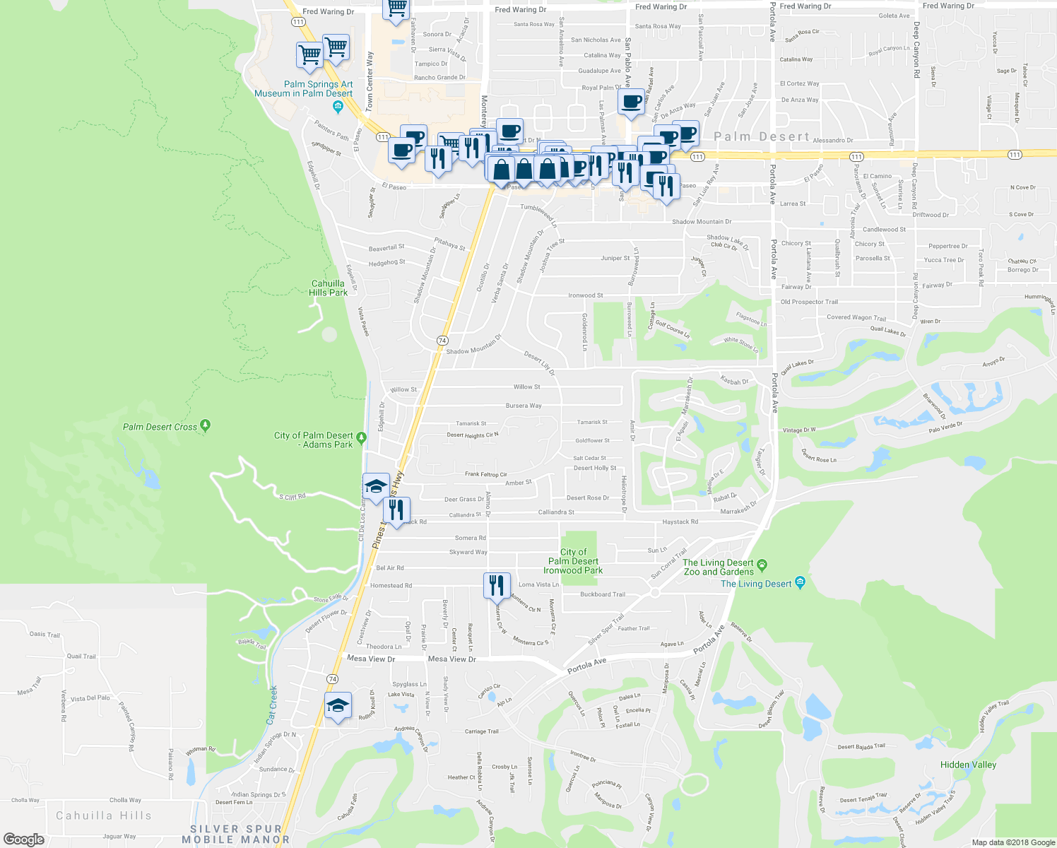 map of restaurants, bars, coffee shops, grocery stores, and more near 73197 Rod Laver Lane in Palm Desert