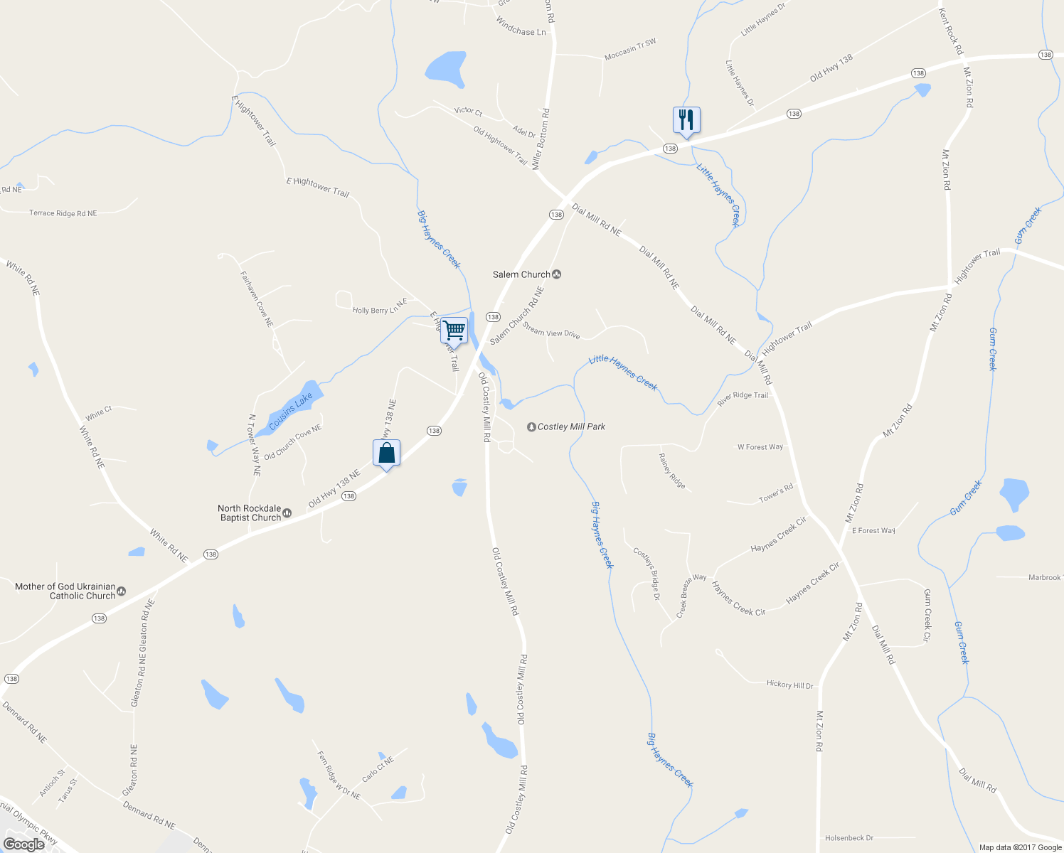 map of restaurants, bars, coffee shops, grocery stores, and more near 2455 Costley Mill Road Northeast in Conyers