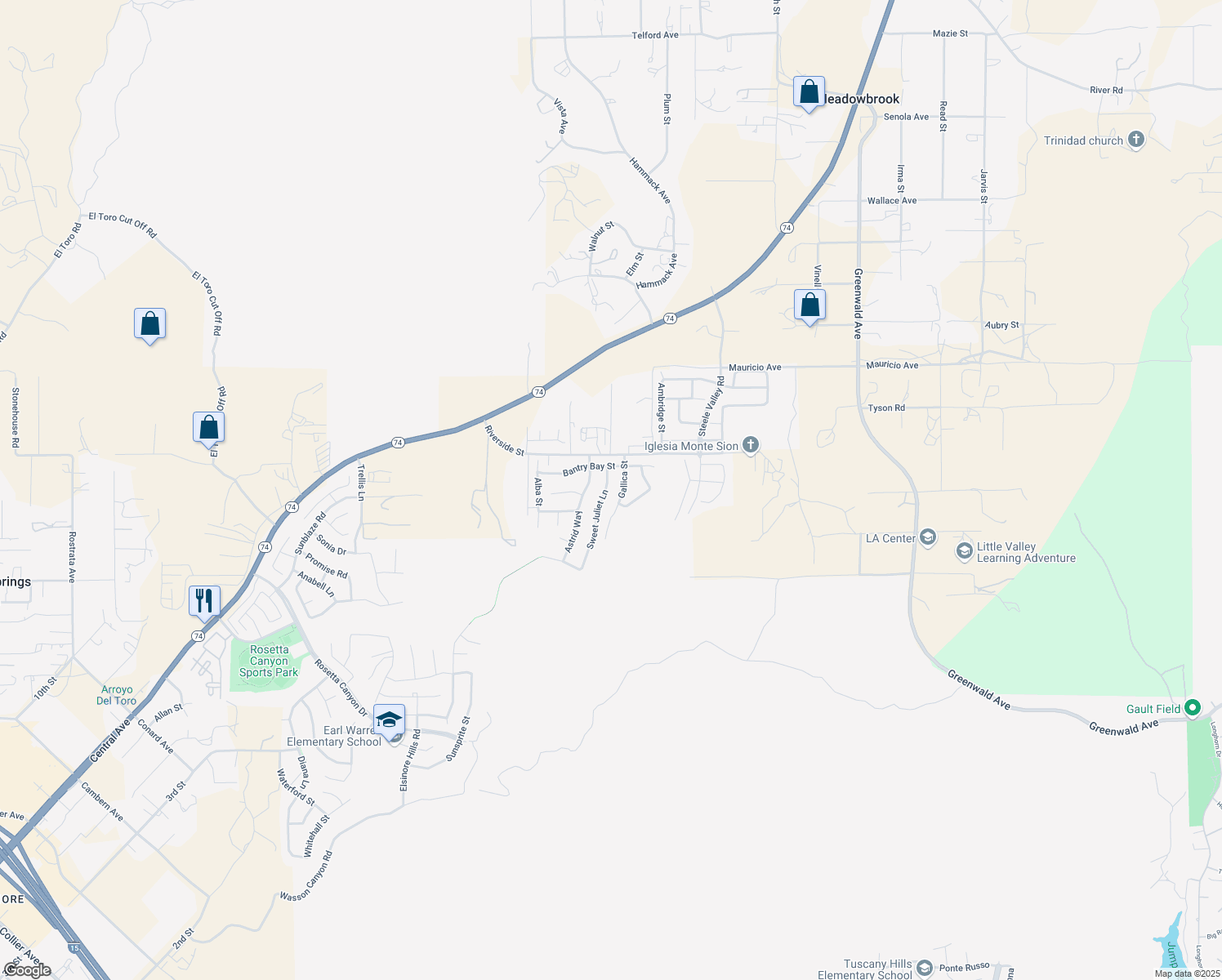 map of restaurants, bars, coffee shops, grocery stores, and more near 53020 Sweet Juliet Lane in Lake Elsinore