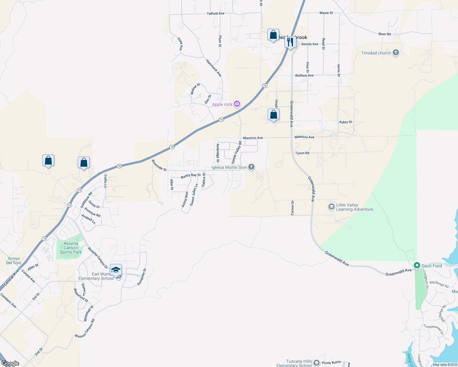 map of restaurants, bars, coffee shops, grocery stores, and more near 53089 Memorial Street in Lake Elsinore