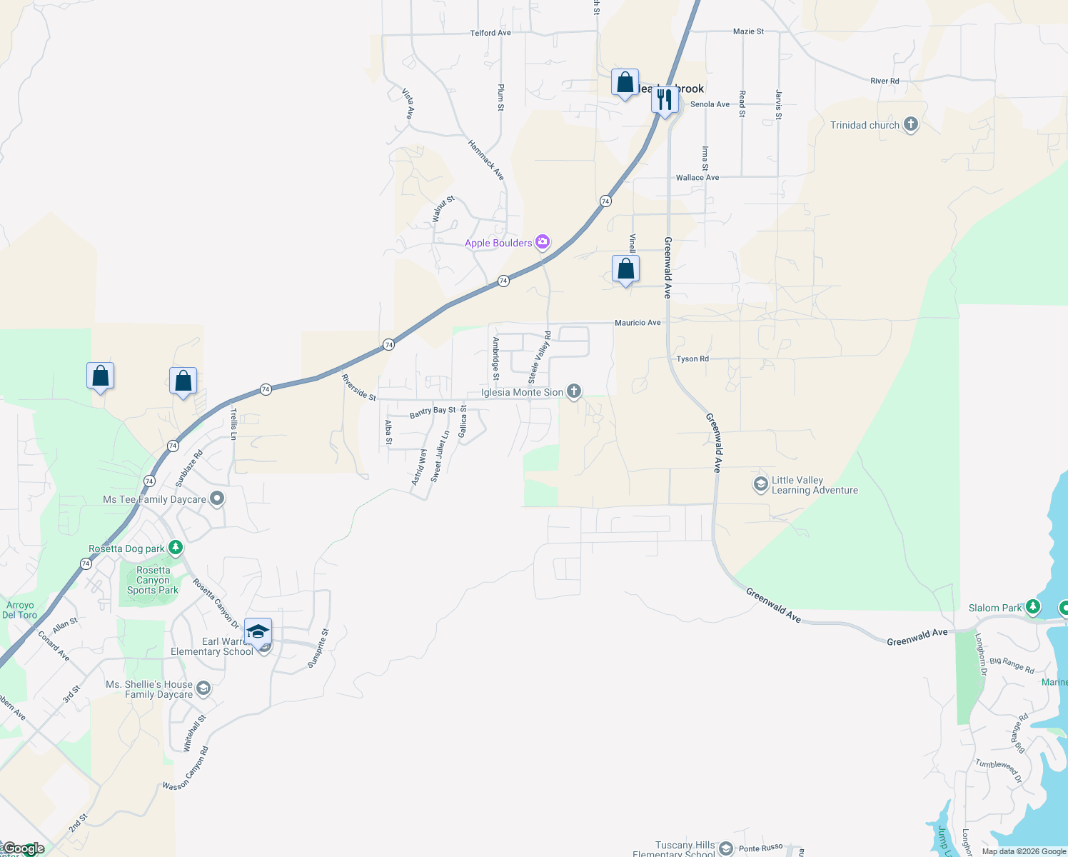 map of restaurants, bars, coffee shops, grocery stores, and more near 53091 Memorial Street in Lake Elsinore