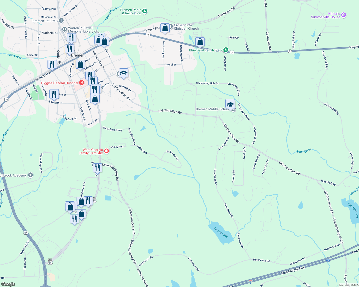 map of restaurants, bars, coffee shops, grocery stores, and more near 744 Tucker Trail in Bremen