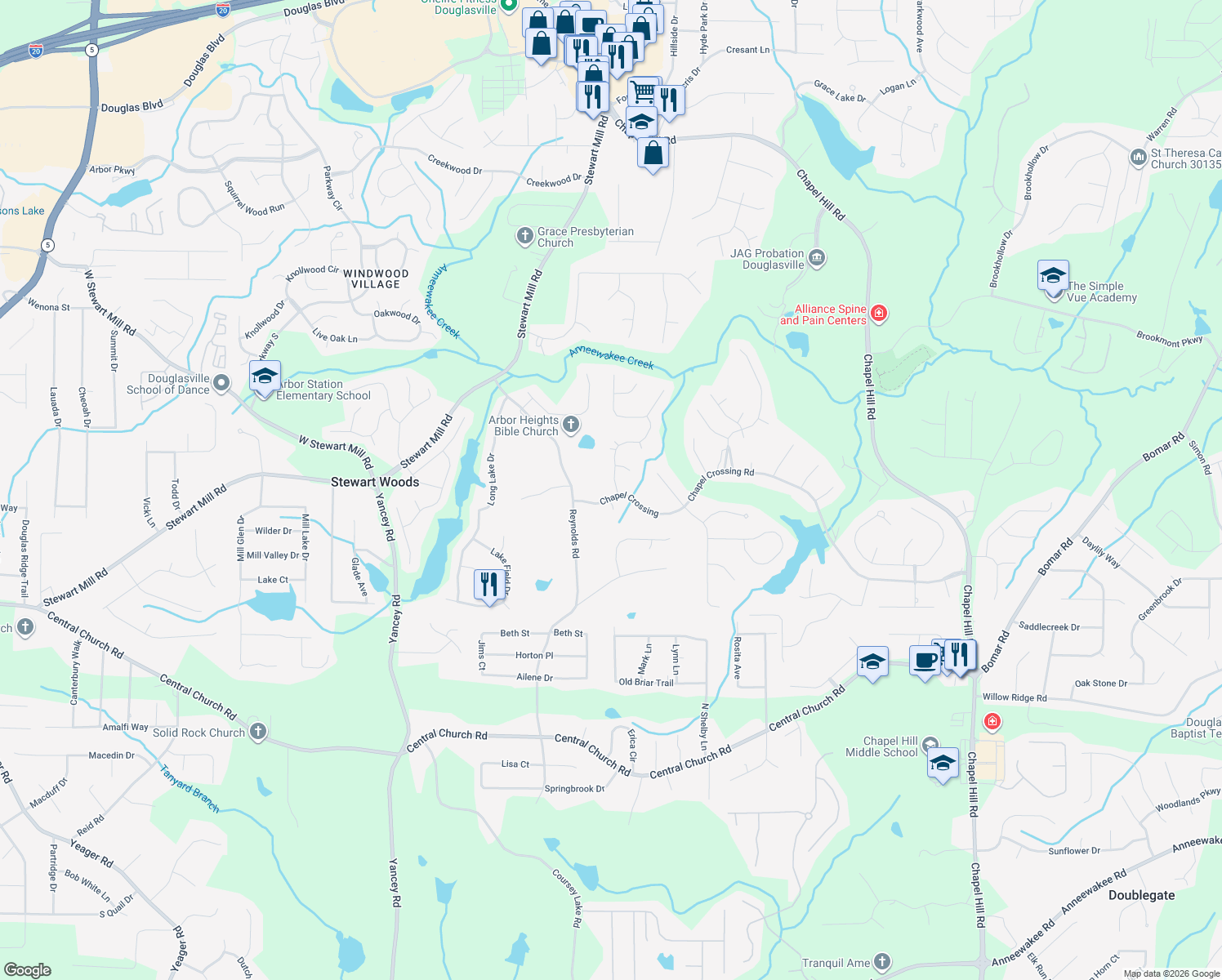 map of restaurants, bars, coffee shops, grocery stores, and more near 4906 Tree Tops Drive in Douglasville