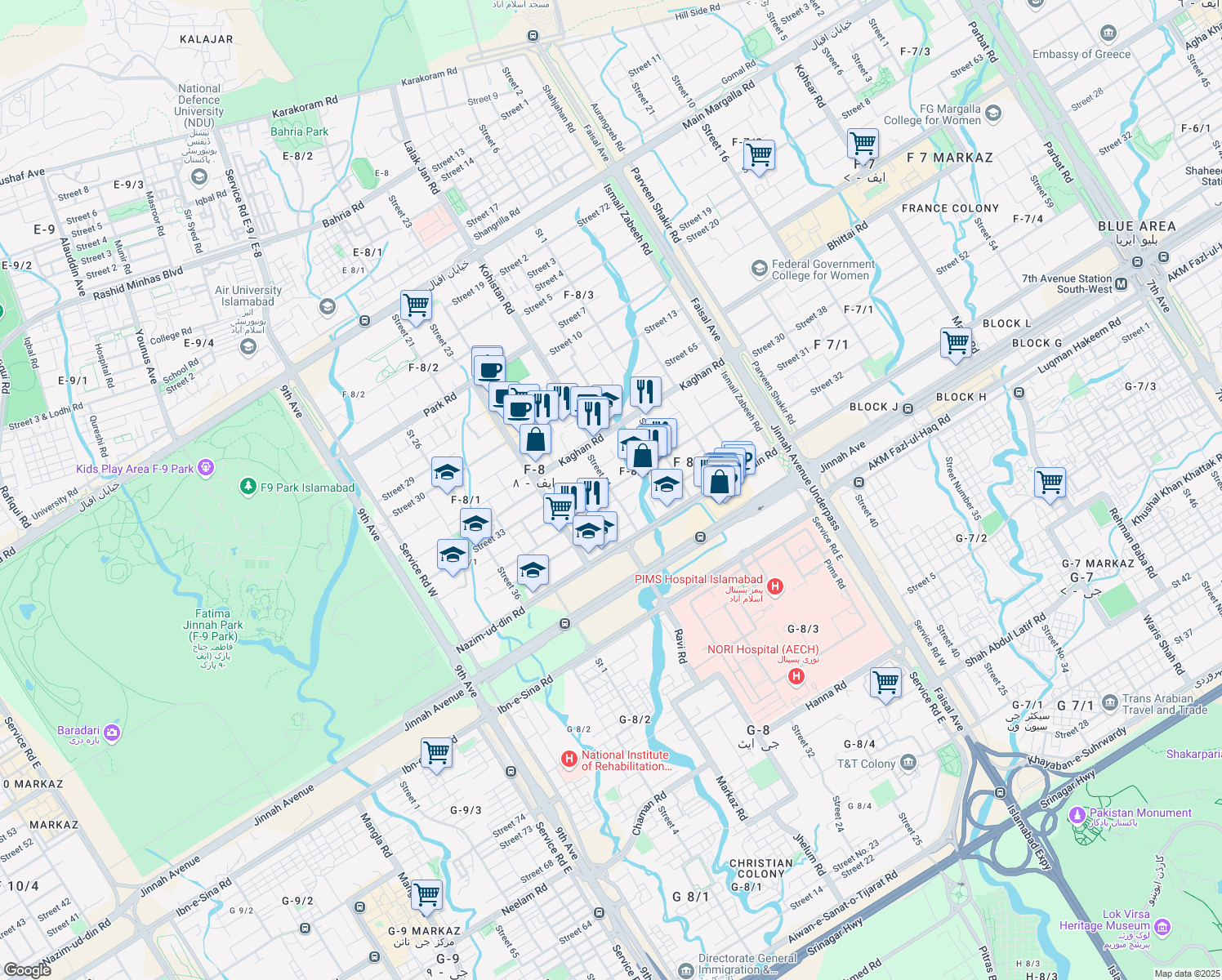 map of restaurants, bars, coffee shops, grocery stores, and more near Street 51 in Islamabad