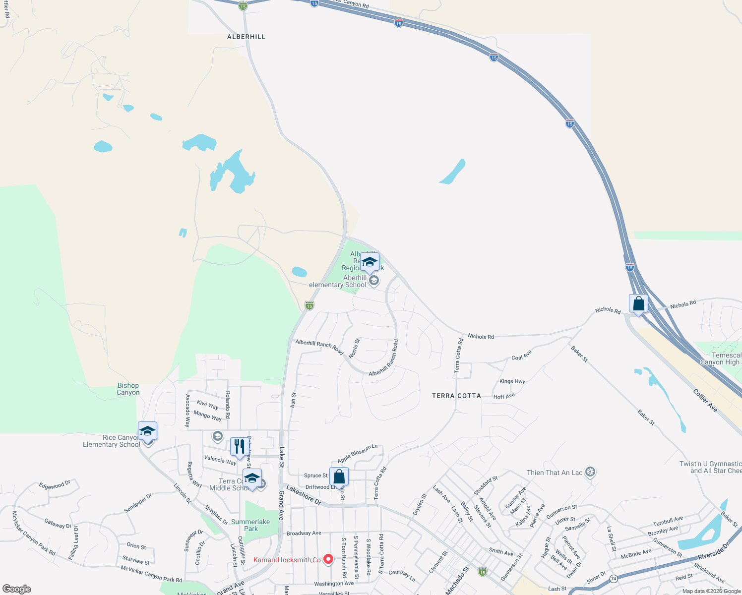 map of restaurants, bars, coffee shops, grocery stores, and more near 4178 Cypress Circle in Lake Elsinore