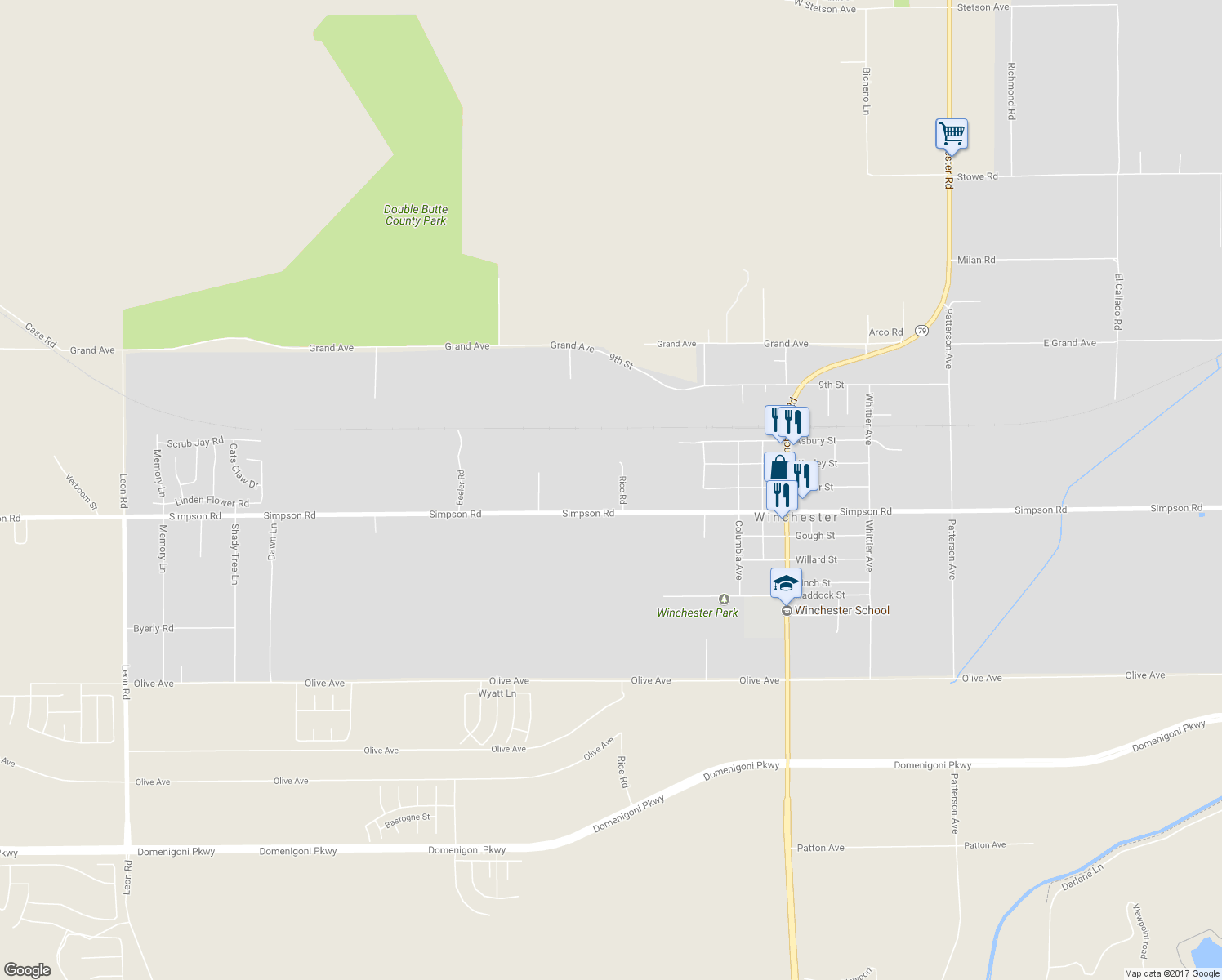 map of restaurants, bars, coffee shops, grocery stores, and more near 32424 Simpson Road in Winchester