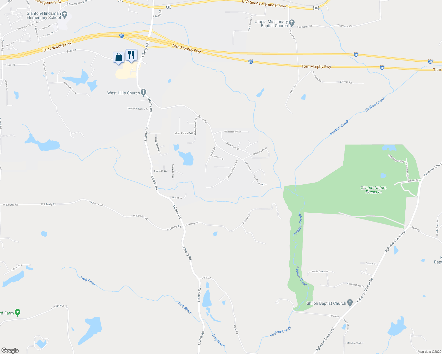 map of restaurants, bars, coffee shops, grocery stores, and more near 9605 Brook Haven Court in Villa Rica