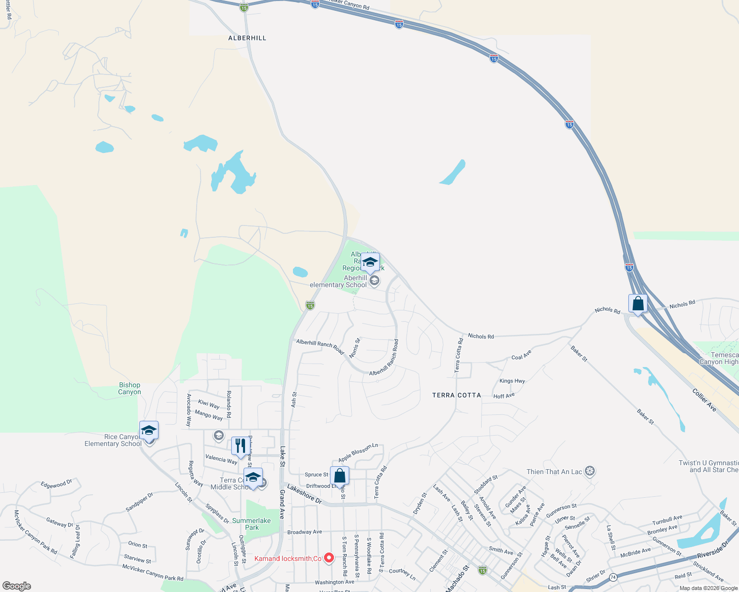 map of restaurants, bars, coffee shops, grocery stores, and more near 4178 Cypress Circle in Lake Elsinore