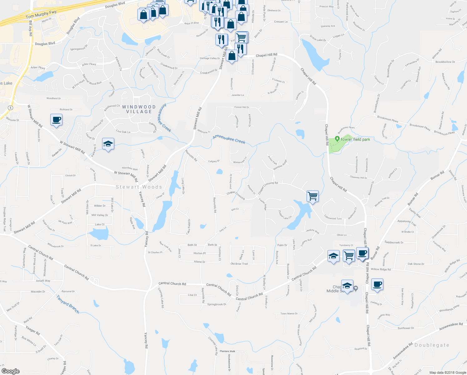 map of restaurants, bars, coffee shops, grocery stores, and more near 3548 Pine Grove Drive in Douglasville