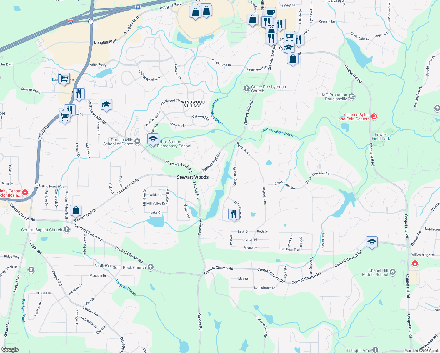 map of restaurants, bars, coffee shops, grocery stores, and more near 3562 Lanier Drive in Douglasville