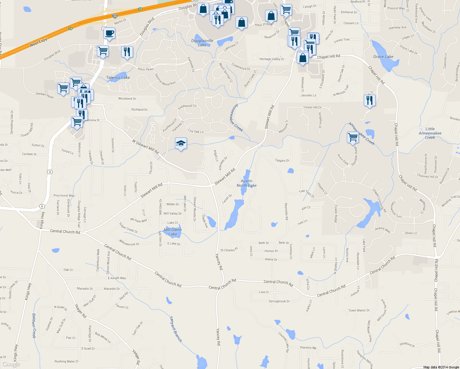 map of restaurants, bars, coffee shops, grocery stores, and more near 5180 Chattanooga Way in Douglasville
