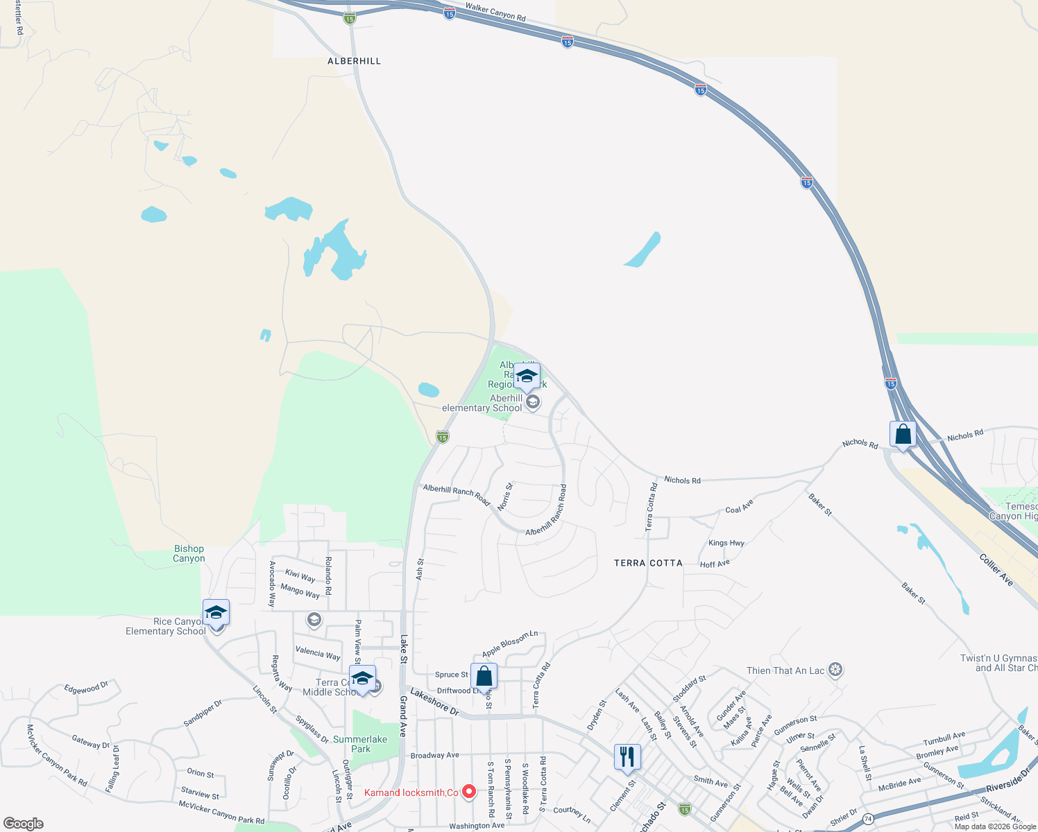 map of restaurants, bars, coffee shops, grocery stores, and more near 4178 Cypress Circle in Lake Elsinore