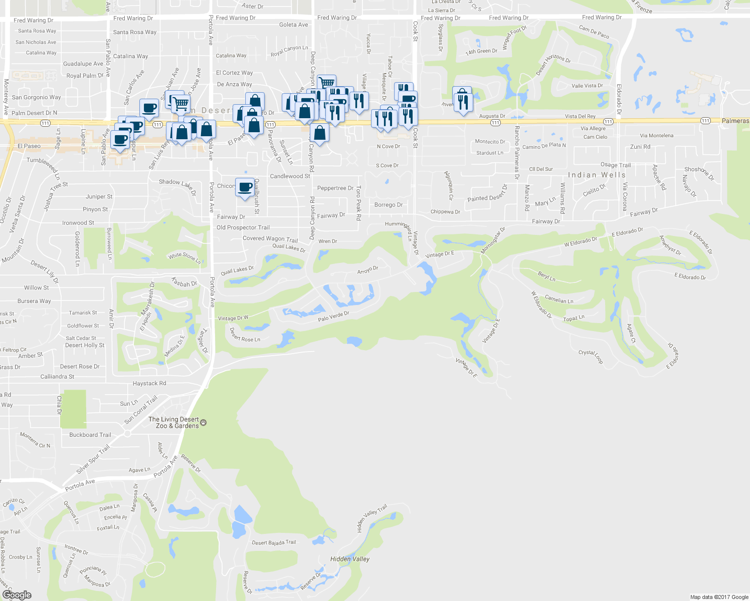 map of restaurants, bars, coffee shops, grocery stores, and more near 74614 Palo Verde Drive in Indian Wells